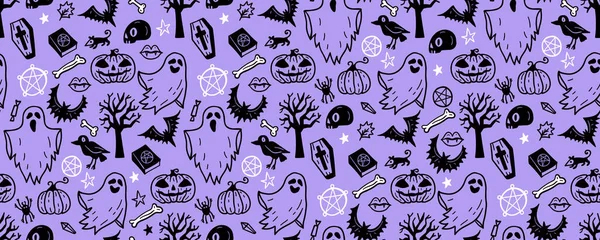 Halloween Naadloos Patroon Vector Kunstwerk Achtergrond Met Vakantie Symbolen Van — Stockvector