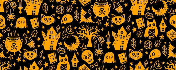 矢量艺术品背景与节日标志的死者的一天 万圣节无缝图案 美丽的秋天设计 可怕的恐怖素描艺术用鬼魂和南瓜作画的神奇壁纸 — 图库矢量图片