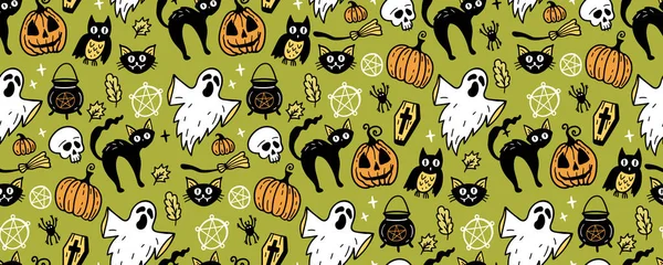 Patrón Sin Costuras Halloween Antecedentes Arte Vectorial Con Símbolos Navideños — Archivo Imágenes Vectoriales