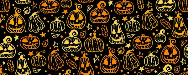 ハロウィーンのシームレスなパターン 死者の日の休日のシンボルとベクトルアートワークの背景 かわいい秋のデザイン 恐怖のスケッチアート ゴーストとカボチャと魔法の壁紙イラスト — ストックベクタ
