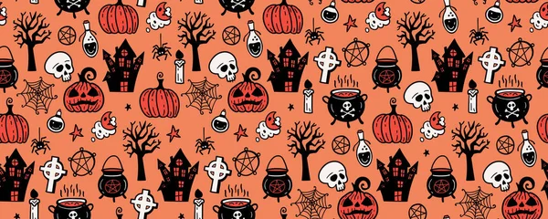 Векторное Оформление Фона Праздничными Символами Дня Мертвых Хэллоуин Бесшовный Шаблон — стоковый вектор