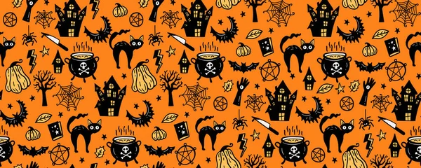 Wektorowe Tło Grafiki Symbolami Świątecznymi Dnia Zmarłych Halloween Płynny Wzór — Wektor stockowy