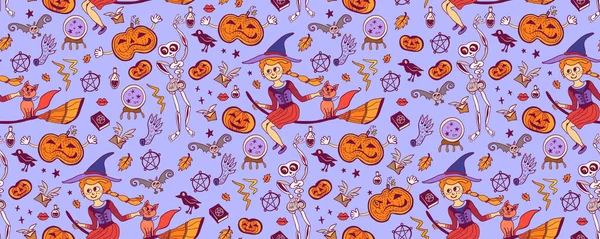 Nahtloses Muster Halloween Vektor Kunstwerk Hintergrund Mit Feiertagssymbolen Des Tages — Stockvektor