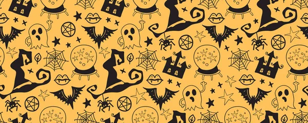 死者の日の休日のシンボルとベクトルアートワークの背景 ハロウィーンのシームレスなパターン かわいい秋のデザイン 恐怖のスケッチアート ゴーストとカボチャと魔法の壁紙イラスト — ストックベクタ