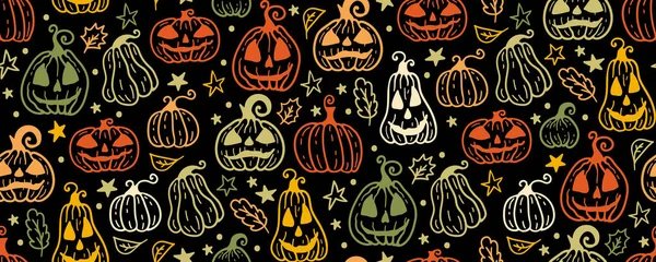 万圣节无缝图案 矢量艺术品背景与节日标志的死者的一天 美丽的秋天设计 可怕的恐怖素描艺术用鬼魂和南瓜作画的神奇壁纸 — 图库矢量图片
