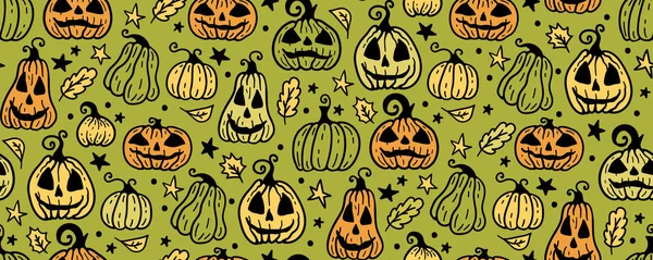 ハロウィーンのシームレスなパターン 死者の日の休日のシンボルとベクトルアートワークの背景 かわいい秋のデザイン 恐怖のスケッチアート ゴーストとカボチャと魔法の壁紙イラスト — ストックベクタ