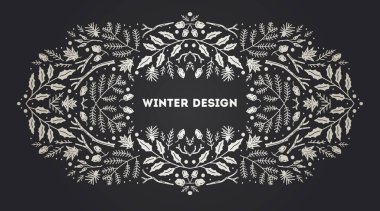 Lüks Noel arabesk çerçevesi, soyut eskiz kış çiçekleri tasarım şablonları. Geometrik monokrom kare, köknar ağacıyla kutsal arka plan. Paket, marka, dekorasyon, pankart için kullan