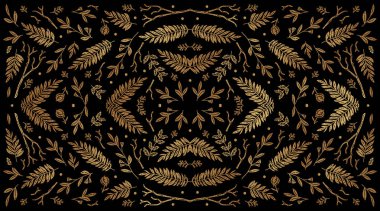 Altın Sanat Dekorasyonu. Dekor, baskı, tekstil, duvar kağıdı, iç tasarım için afiş. Arka planda. Altın yapraklı lüks, pürüzsüz desen.