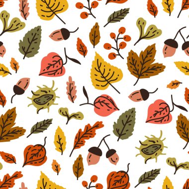 Farklı yaprak ve bitkilerle sonbahar dikişsiz deseni, meşe palamudu mevsimsel renkler, Orange, Beige, Brown ve Yellow 'da sonbahar meşe yaprakları. Duvar kağıdı, hediye kağıdı, şablon dolguları, web sayfası için mükemmel.