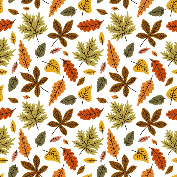 葉や植物が異なる秋のシームレスなパターン オレンジ ベージュ ブラウン イエローの秋のオークの葉 アコーンと季節の色 ギフトペーパー パターンの記入 ウェブページに最適です — ストックベクタ