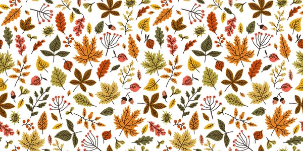 葉や植物が異なる秋のシームレスなパターン オレンジ ベージュ ブラウン イエローの秋のオークの葉 アコーンと季節の色 ギフトペーパー パターンの記入 ウェブページに最適です — ストックベクタ
