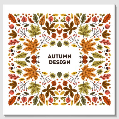 Şükran Günü ve Hasat Günü. Vektör çizimi. Sonbahar şablonları. Kart, poster, broşür, web ve diğer kullanıcılar için vektör tasarımı. Yapraklar şablonları, dekoratif doğa sınırlarını kaplar,