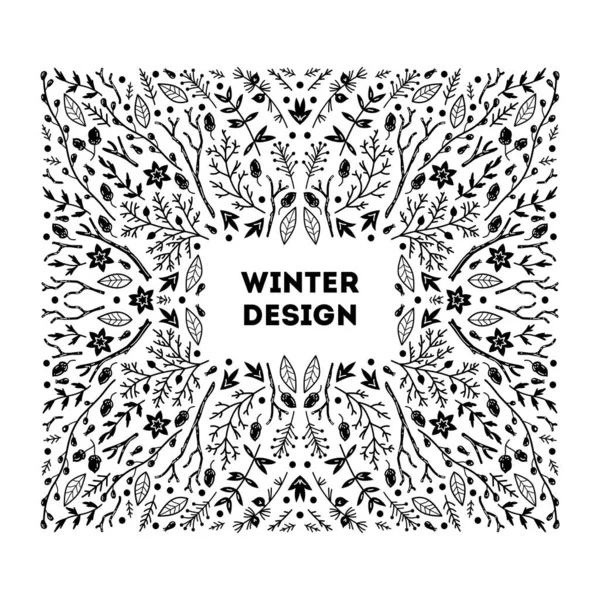 Weihnachtsrahmen Vintage Vektorkarte Winter Hintergrund Vektorflorale Illustration Schwarz Weiß — Stockvektor