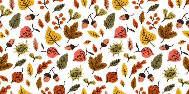 Farklı yaprak ve bitkilerle sonbahar dikişsiz deseni, meşe palamudu ile mevsimsel renkler ve Orange, Beige, Brown ve Yellow 'da sonbahar meşe yaprakları. Duvar kağıtları, hediye kağıtları, desenler için mükemmel., 