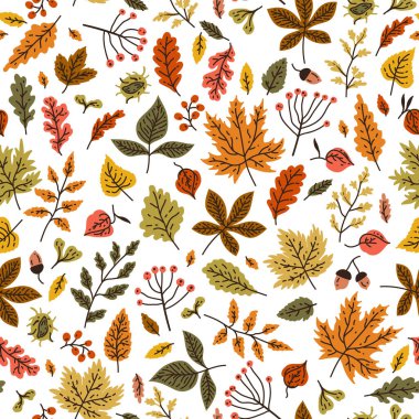 Farklı yaprak ve bitkilerle sonbahar dikişsiz deseni, meşe palamudu mevsimsel renkler, Orange, Beige, Brown ve Yellow 'da sonbahar meşe yaprakları. Duvar kağıdı, hediye kağıdı, şablon dolguları, web sayfası için mükemmel.
