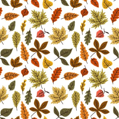 Farklı yaprak ve bitkilerle sonbahar dikişsiz deseni, meşe palamudu mevsimsel renkler, Orange, Beige, Brown ve Yellow 'da sonbahar meşe yaprakları. Duvar kağıdı, hediye kağıdı, şablon dolguları, web sayfası için mükemmel.