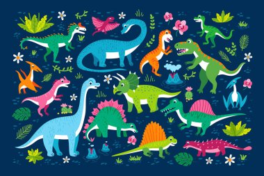 İçinde Jurasik sürüngenler olan çocuksu bir poster. Şirin düz dinozor seti. Çocuklar için tarih öncesi kertenkeleler. Dino, mavi arka planda izole edilmiş çizgi film karakterleri. Dinozor çağı vahşi yaşam