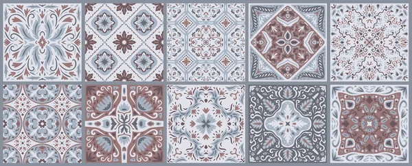 Satz Gemusterter Azulejo Bodenfliesen Abstrakter Geometrischer Hintergrund Sammlung Von Keramikfliesen — Stockvektor