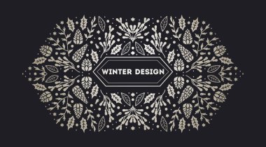 Lüks Noel arabesk çerçevesi, soyut eskiz kış çiçekleri tasarım şablonları. Geometrik monokrom kare, köknar ağacıyla kutsal arka plan. Paket, marka, dekorasyon, pankart için kullan