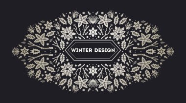 Lüks Noel arabesk çerçevesi, soyut eskiz kış çiçekleri tasarım şablonları. Geometrik monokrom kare, köknar ağacıyla kutsal arka plan. Paket, marka, dekorasyon, pankart için kullan