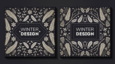 Lüks Noel çerçeve seti, soyut eskiz kış çiçekleri tasarım şablonları. Geometrik monokrom kare, köknar ağacıyla kutsal arka plan. Paket, marka, dekorasyon, pankart için kullan