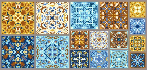 Uppsättning Mönstrade Azulejo Golvplattor Abstrakt Geometrisk Bakgrund Samling Keramiska Plattor — Stock vektor