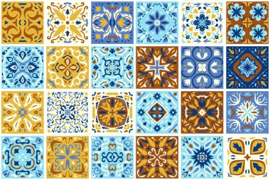Azulejo döşeme döşemeleri seti. Kusursuz renkli bir desen. Soyut geometrik yamalar. Türk usulü seramik fayans koleksiyonu. Portekizce ve İspanya dekoru. İslam, Arapça