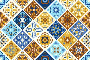 Azulejo döşeme döşemeleri seti. Kusursuz renkli bir desen. Soyut geometrik yamalar. Türk usulü seramik fayans koleksiyonu. Portekizce ve İspanya dekoru. İslam, Arapça