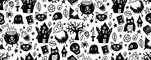 Einfarbige Nahtlose Muster Von Niedlichen Halloween Handgezeichneten Doodle Schwarz Weißer — Stockvektor