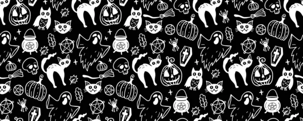 单色无缝图案的可爱万圣节手绘涂鸦 病媒用黑白相间的背景说明鬼魂 猫头鹰 轮廓风格 — 图库矢量图片