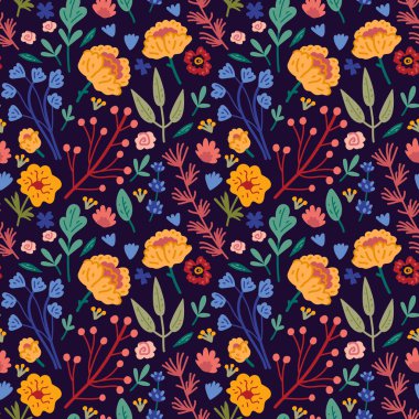 Elle çizilmiş yaban bitkileri, bitkiler ve çiçekler, renkli botanik çizimler, çiçek unsurları, el çizimi tekrarlanan arka plan. Yabani çayır otları, çiçek açan çiçekler