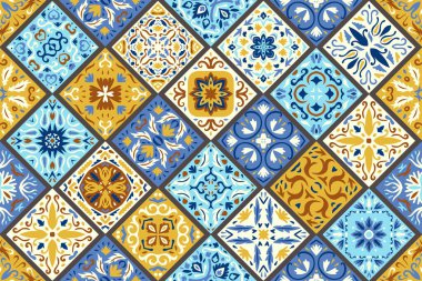 Azulejo döşeme döşemeleri seti. Kusursuz renkli bir desen. Soyut geometrik yamalar. Türk usulü seramik fayans koleksiyonu. Portekizce ve İspanya dekoru. İslam, Arapça