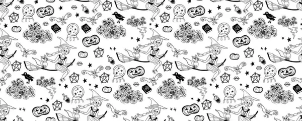 Монохромный Бесшовный Узор Симпатичного Хэллоуина Нарисованного Вручную Черно Белый Фон — стоковый вектор