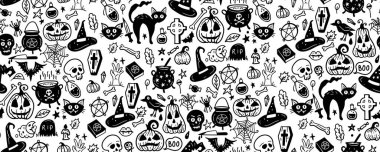 Tek krom desenli şirin cadılar bayramı el çizimi. Balkabağı, süpürge, baykuş, kafatası, ev, kale, kuzgun, pentagram, cadı, kedi, yaprak, örümcek, hayalet, kedi,