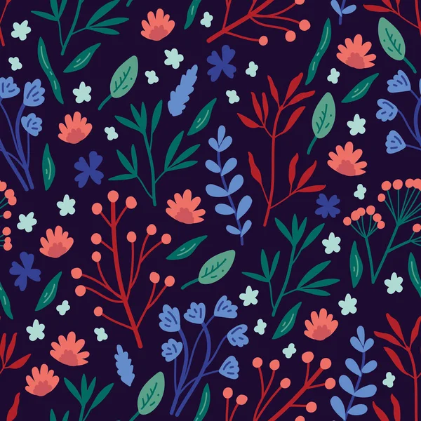 Векторный Бесшовный Узор Нарисованными Вручную Дикими Растениями Травами Цветами Красочная — стоковый вектор