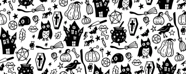 Monochromatyczny Bezszwowy Wzór Słodkiego Halloweenowego Ręcznego Rysunku Doodle Czarne Białe — Wektor stockowy