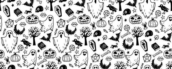 Monochrom Sømløs Mønster Søt Halloween Hånd Tegnet Doodle Svart Hvit – stockvektor