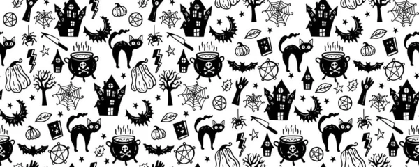 Einfarbige Nahtlose Muster Von Niedlichen Halloween Handgezeichneten Doodle Schwarz Weißer — Stockvektor