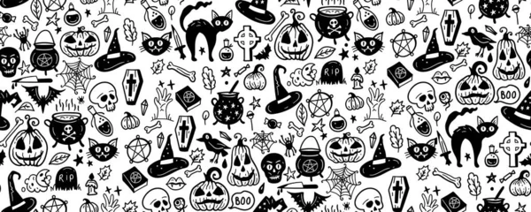 Patrón Monocromo Sin Costura Lindo Garabato Dibujado Mano Halloween Fondo — Vector de stock