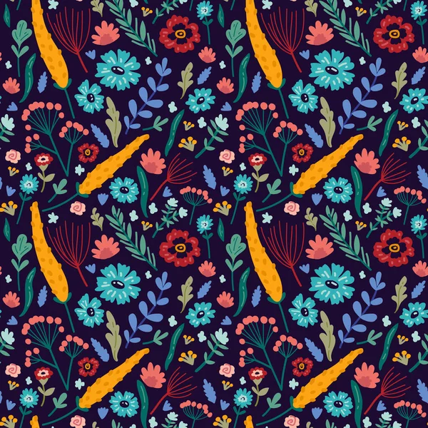 Vektornahtloses Muster Mit Handgezeichneten Wildpflanzen Kräutern Und Blumen Farbenfrohen Botanischen — Stockvektor
