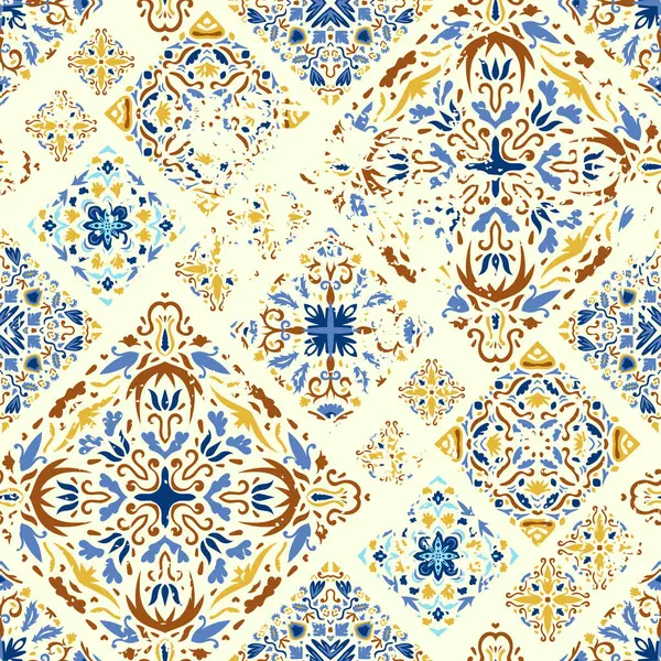 シームレスなカラフルなパッチワーク 抽象的な背景 Azulejosはパッチワークをタイルしています 伝統的なオルネイト ポルトガル語とスペインの装飾的なタイル セラミックタイル ベクター手描きの背景 ベクターグラフィックス