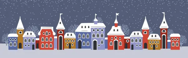 Jolies Maisons Noël Hiver Nuit Enneigée Dans Confortable Panorama Ville — Image vectorielle