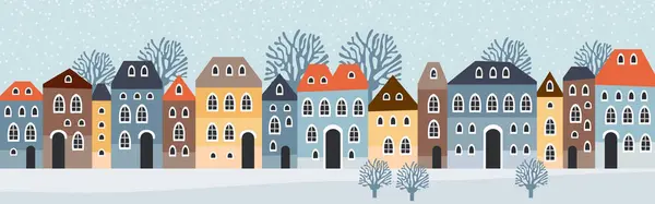 Χαριτωμένα Χριστουγεννιάτικα Και Χειμερινά Σπίτια Χιονάτη Νύχτα Άνετο Πανόραμα Πόλη Διανυσματικά Γραφικά