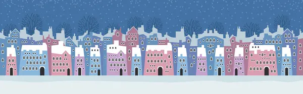 Söta Jul Och Vinterhus Snöig Natt Mysiga Jul Stad Panorama — Stock vektor