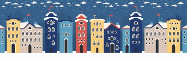 Şirin Noel ve kışlık evler. Sıcak bir Noel gecesi, şehir panoramasında karlı bir gece. Kış köyü gece manzarası Noel dış dekorasyonları.