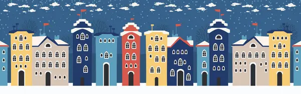 Aranyos Karácsonyi Téli Házak Havas Éjszaka Hangulatos Karácsonyi Város Panoráma Jogdíjmentes Stock Illusztrációk