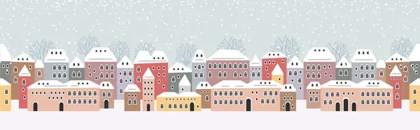 Χαριτωμένα Χριστουγεννιάτικα Και Χειμερινά Σπίτια Χιονάτη Νύχτα Άνετο Πανόραμα Πόλη Royalty Free Διανύσματα Αρχείου