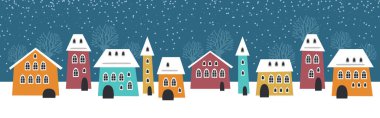 Şirin Noel ve kışlık evler. Sıcak bir Noel gecesi, şehir panoramasında karlı bir gece. Kış köyü gece manzarası Noel dış dekorasyonları.