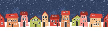 Şirin Noel ve kışlık evler. Sıcak bir Noel gecesi, şehir panoramasında karlı bir gece. Kış köyü gece manzarası Noel dış dekorasyonları.