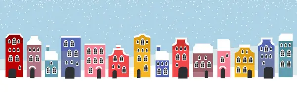 Lindas Casas Navidad Invierno Noche Nieve Acogedor Panorama Ciudad Navidad — Vector de stock